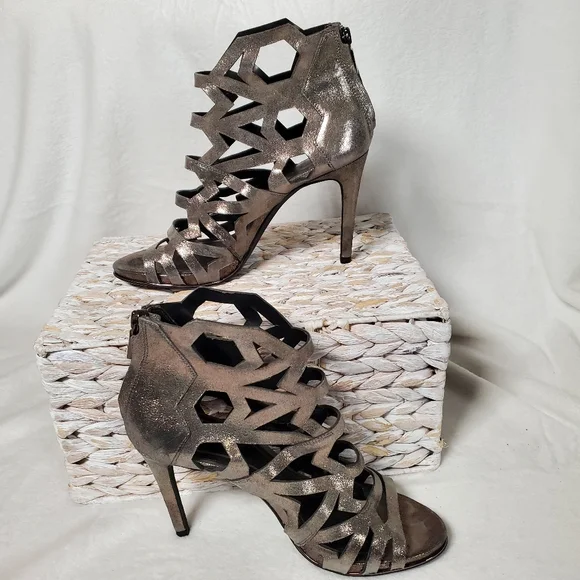 Kenneth Cole New York 7.5 M Leather Bayne Cage Heels Y3K Metallic Gun Metal - Picture 2 of 8